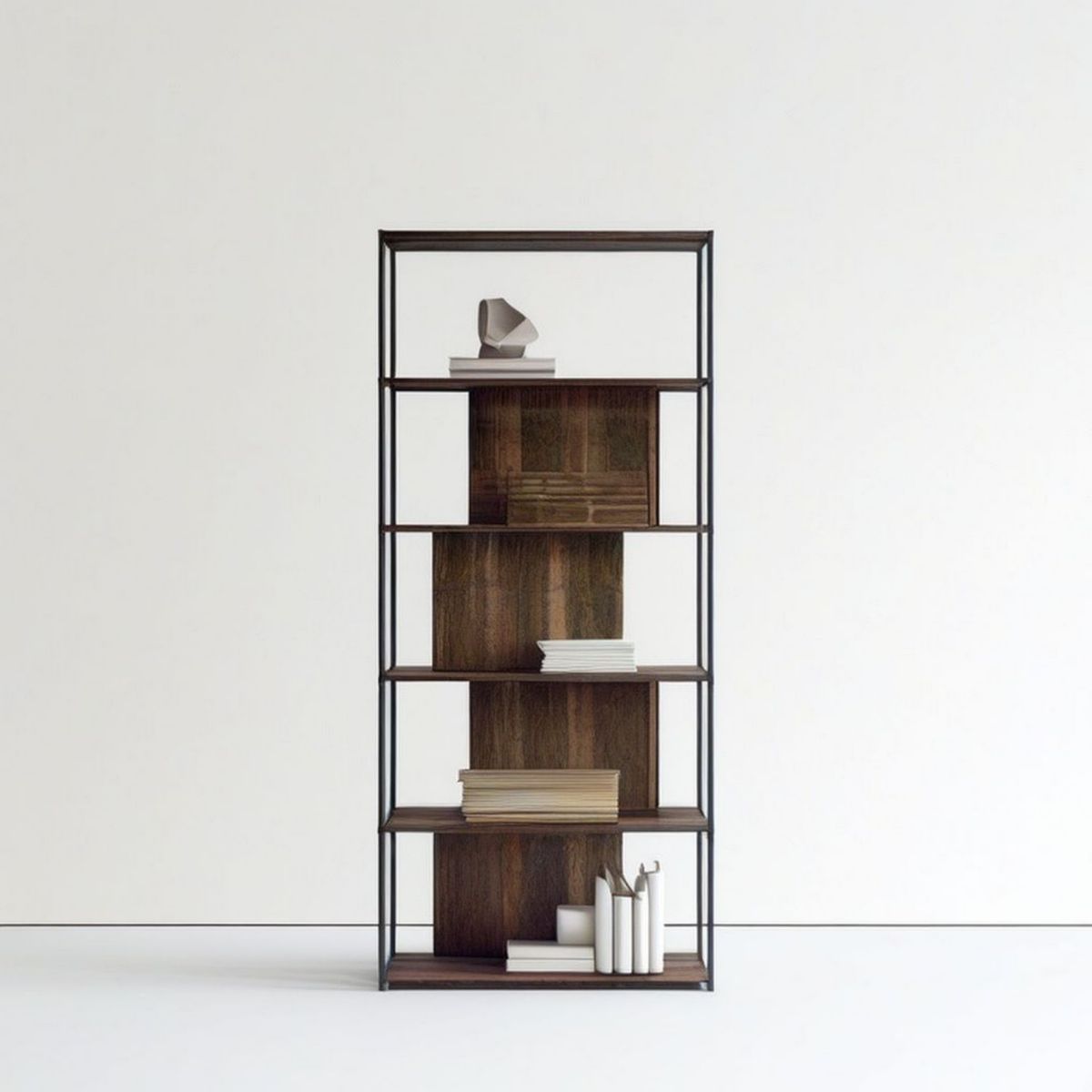 Standregal 80 x 35 x 200 cm Dunkelbraun/Schwarz, MDF mit Walnussfurnier und Stahlrahmen
