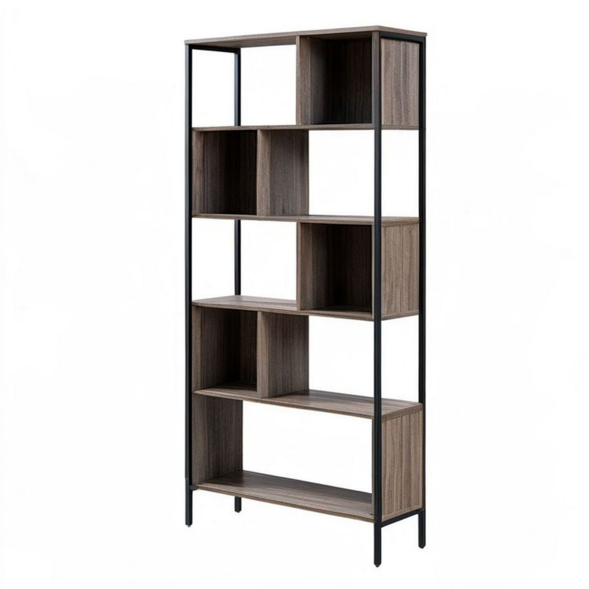 Bücherregal mit 5 Regalböden, 80 x 30 x 180 cm, Walnussbraun/Schwarz, Spanplatte und Stahl