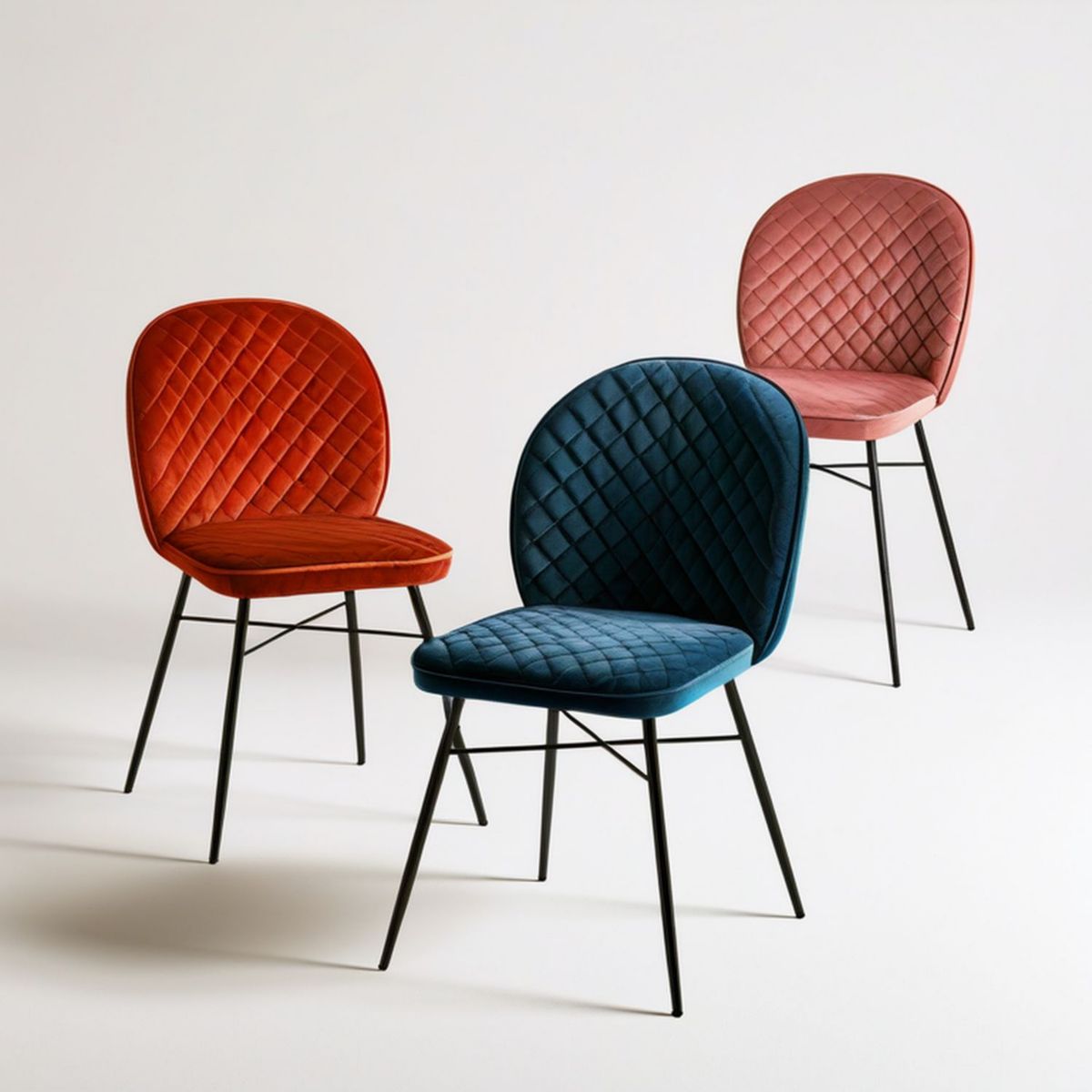 3er-Set Esszimmerstühle mit Samtbezug, Rostrot/Dunkelblau/Rosa, 45 x 52 x 86 cm