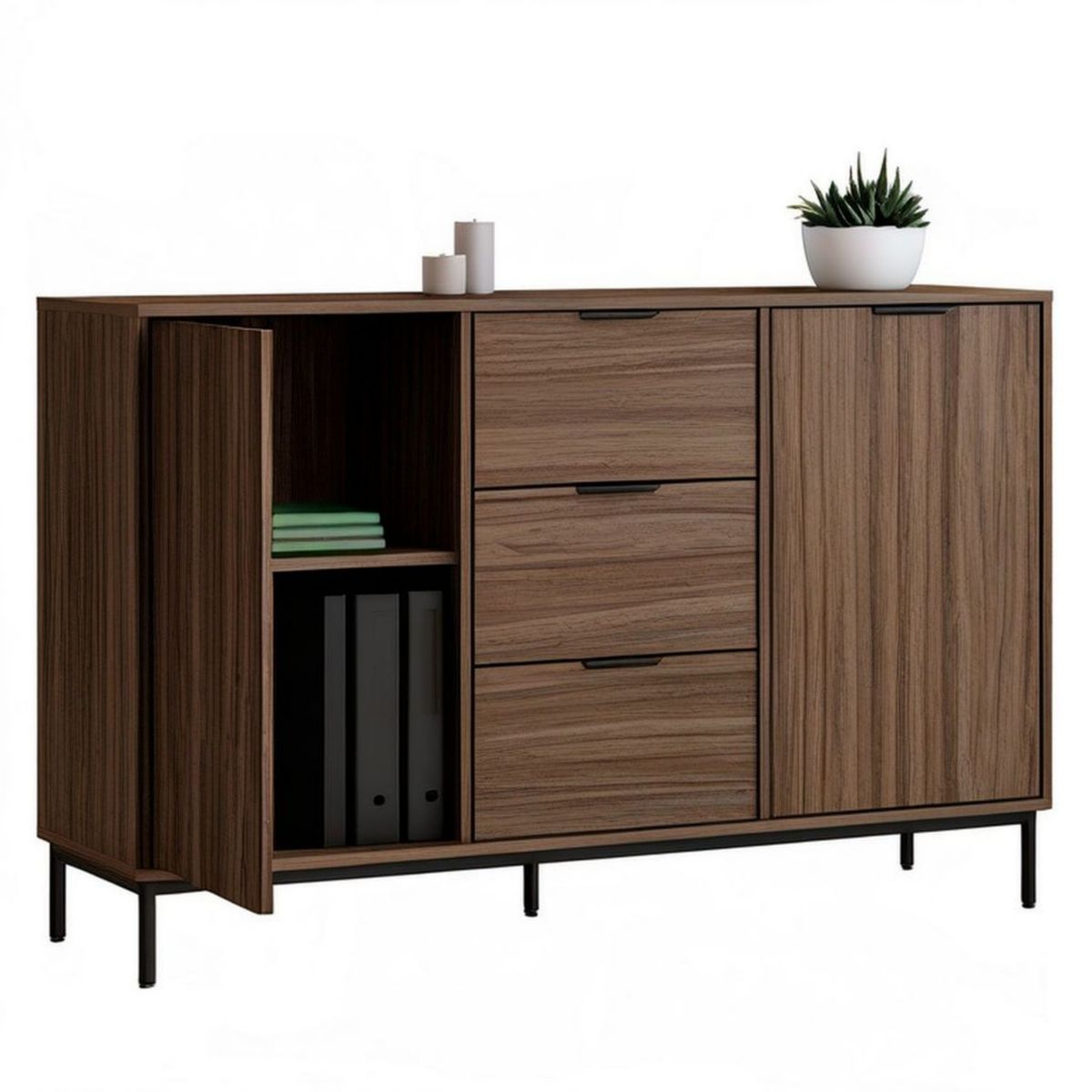 Sideboard Walnussbraun/Schwarz mit 3 Schubladen, 2 Türen und offenem Fach, 120 x 40 x 90 cm