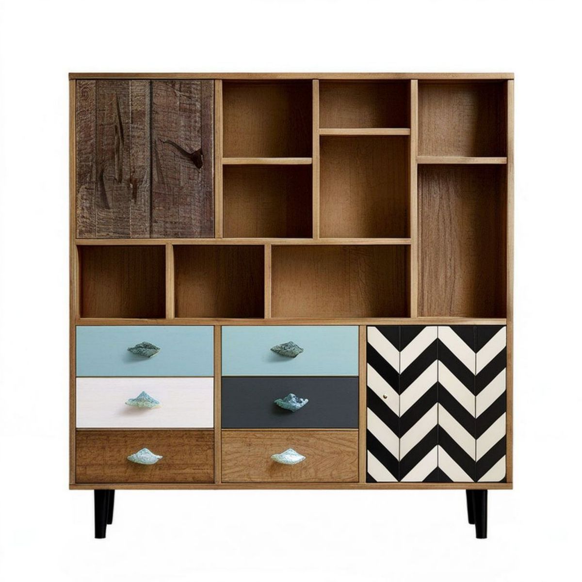 Schrank mit 7 offenen Fächern, 6 Schubladen und 2 Türen, 100 x 35 x 135 cm, Braun Hellblau Weiss Anthrazit Schwarz