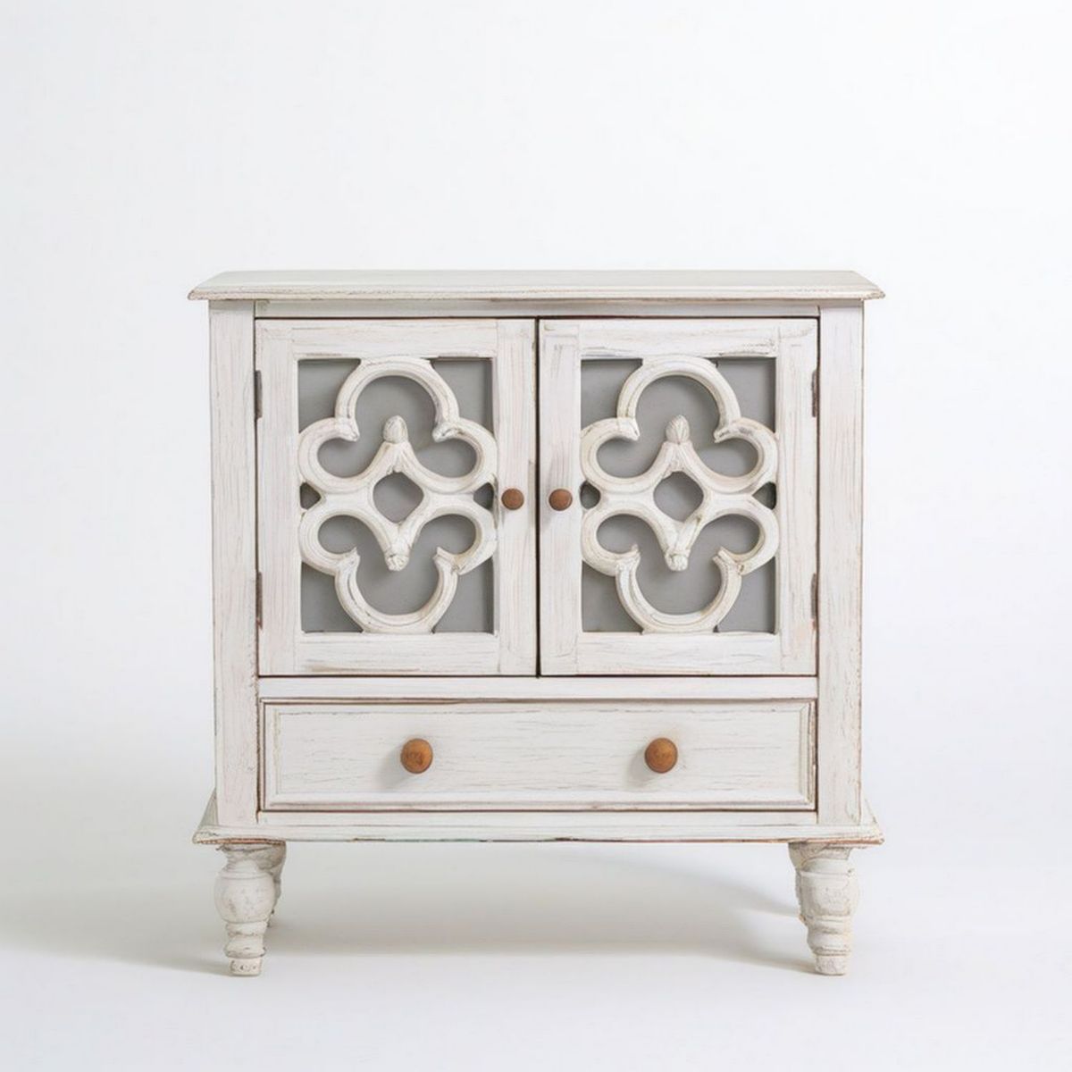 Wohnzimmervitrine aus Massivholz Weiss im Vintage-Look mit 2 Türen und Schublade, 80 x 35 x 85 cm